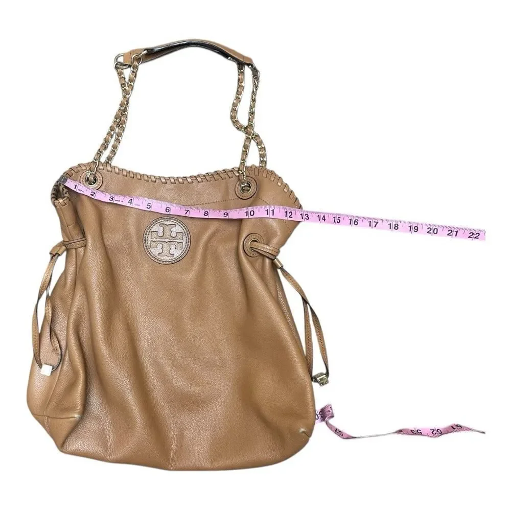 Tory Burch Marion Chain Tote Tan Pebbled Leather, Gold Chain Strap Quiet Luxury